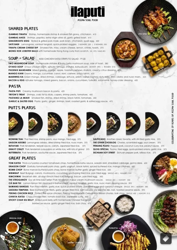 Ilaputi Philippines Menu