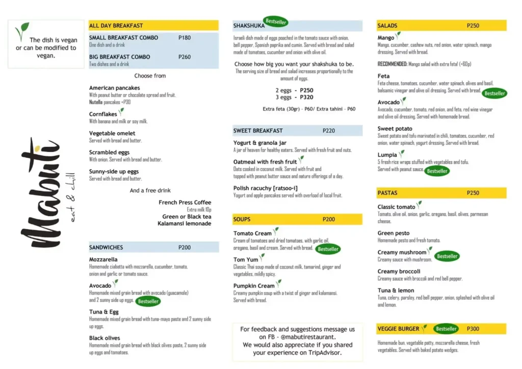 Mabuti Menu Philippines