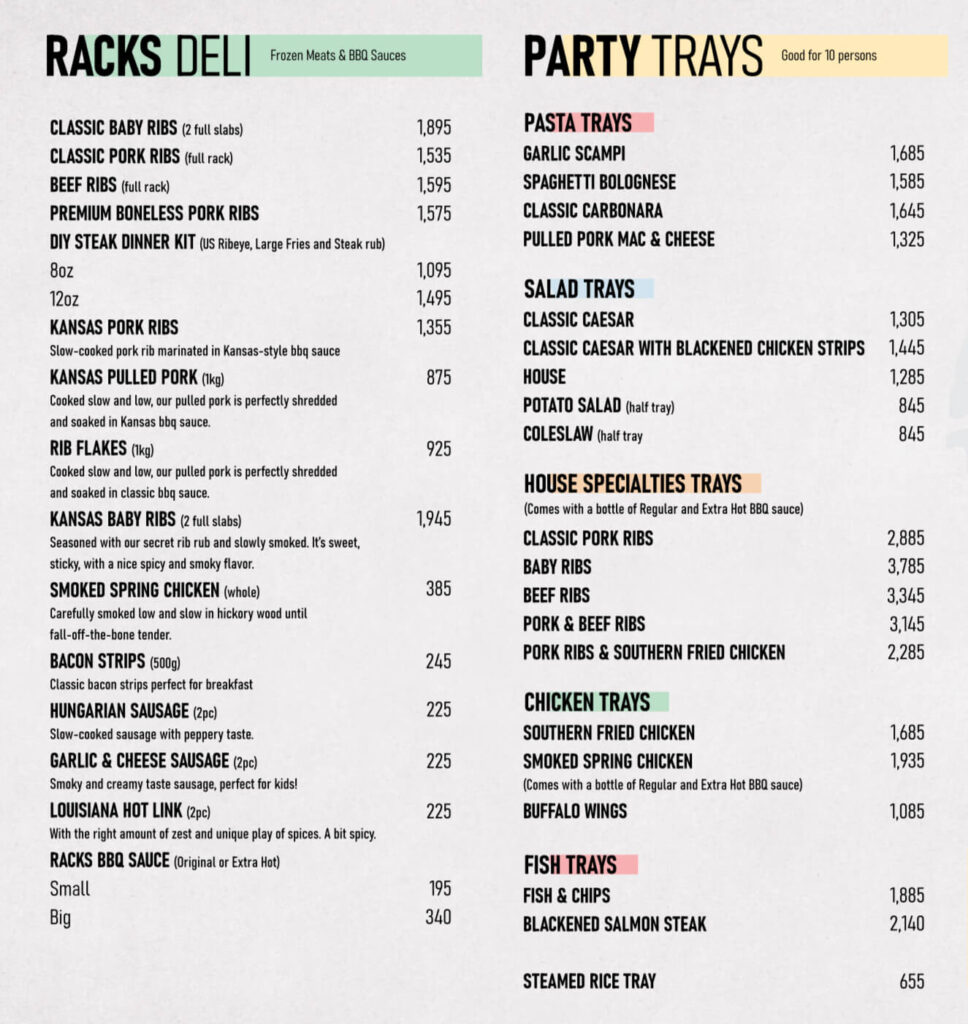 Racks Philippines Menu