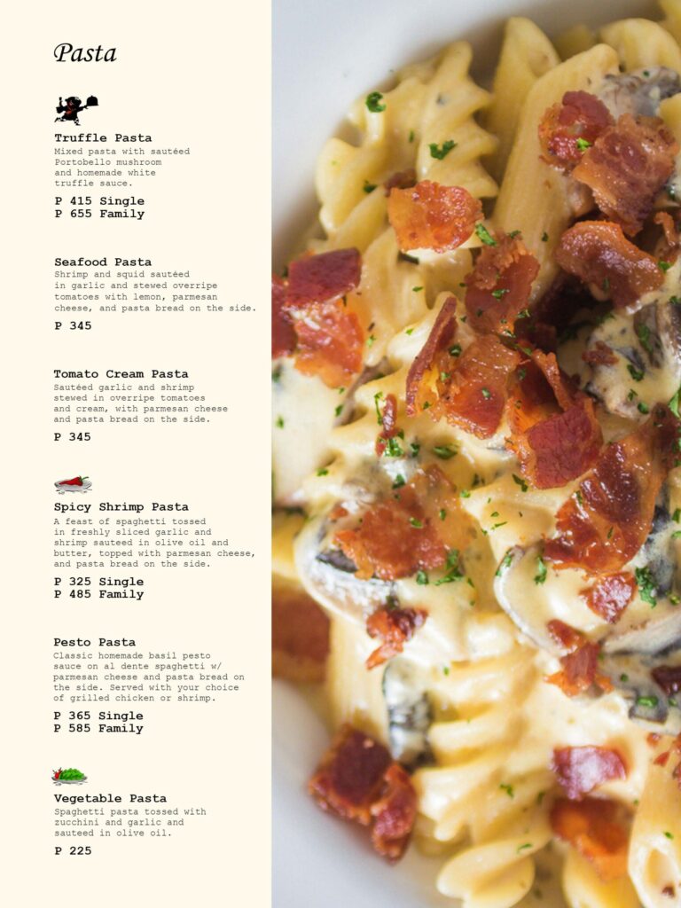 pasta menu prices