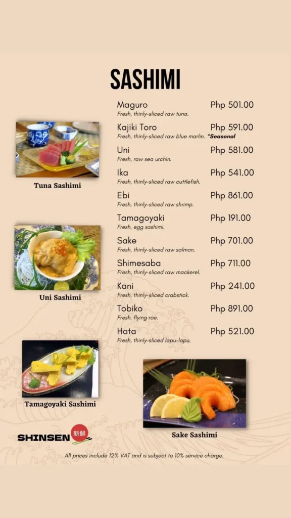 Shinsen Menu Philippines Sashimi Prices