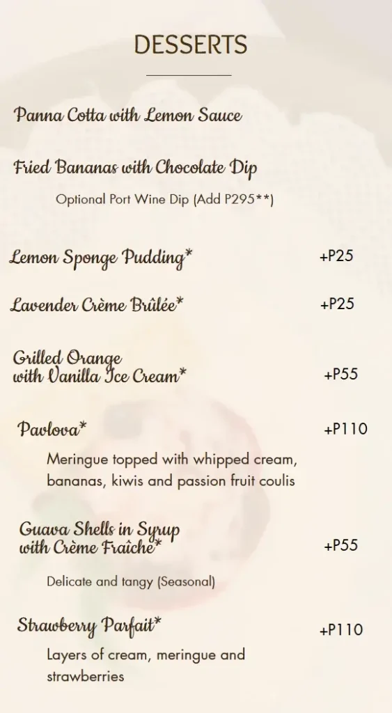 Marcia Adams Desserts Menu